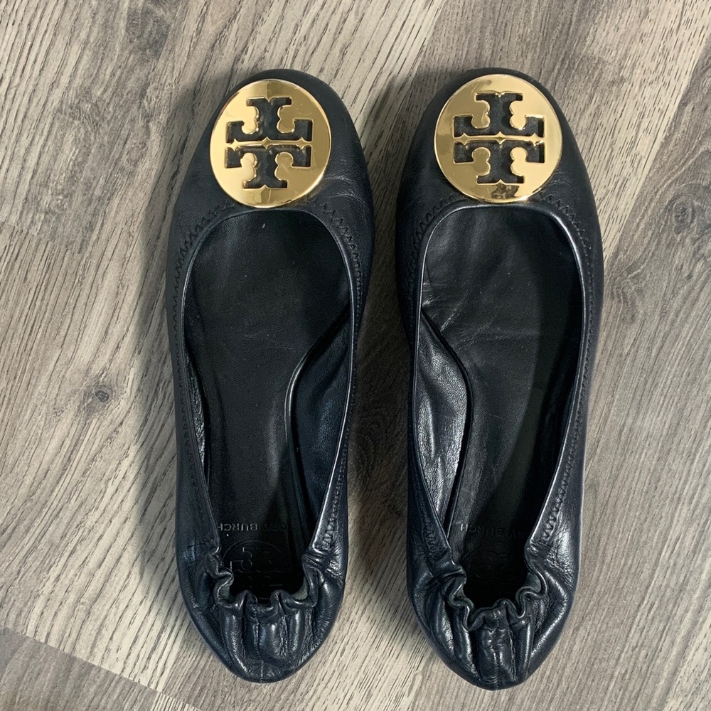 Tory Burch Black Flats with Gold Logo